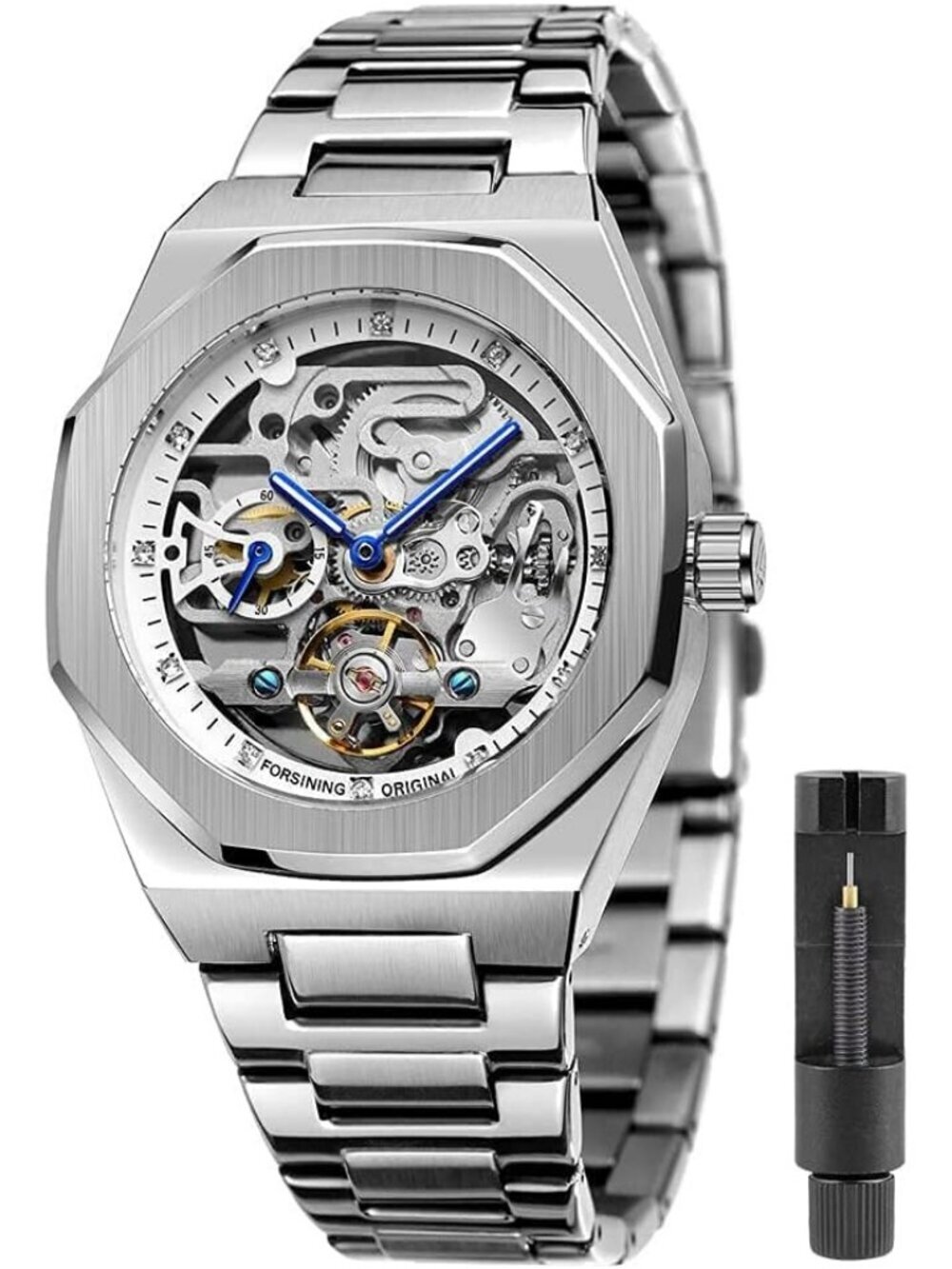 Men's Silver White Mechanical Automatic Male Clock Stainless Steel Wrist Watch